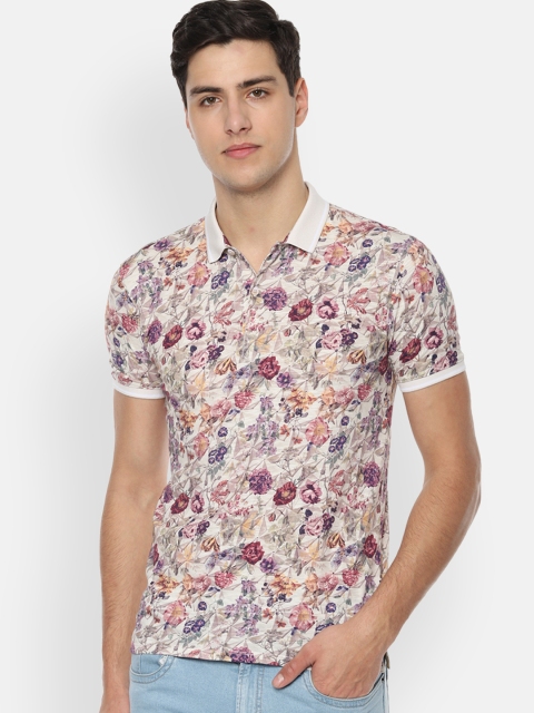

V Dot Men Beige Printed Slim Fit Polo Collar Pure Cotton T-shirt