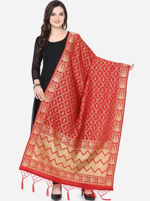 

Satrani Red & Gold-Toned Woven Design Banarasi Dupatta