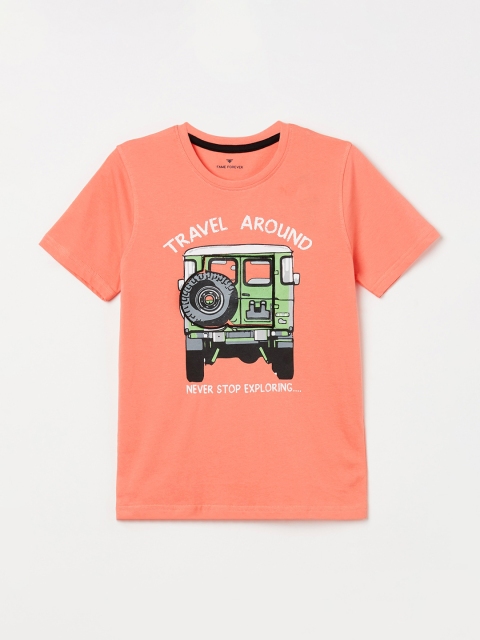 

Fame Forever by Lifestyle Boys Coral Orange & Green Printed Round Neck T-shirt