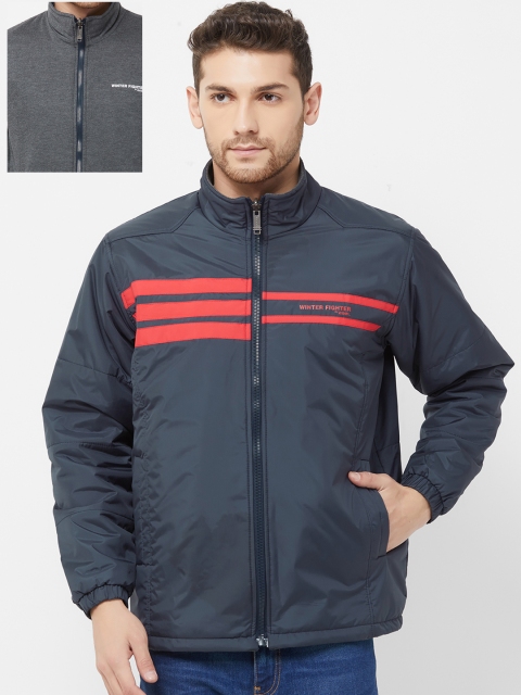 

Zeel Men Navy Blue Striped Reversible Padded Jacket