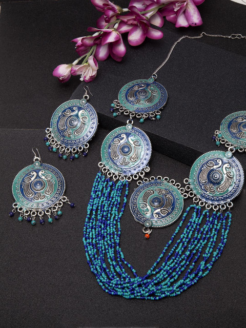 

Moedbuille Turquoise Blue & Silver-Toned Enamelled Brass-Plated HandCrafted Jewellery Set