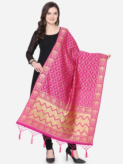 

Satrani Pink & Gold-Toned Woven Design Banarasi Dupatta