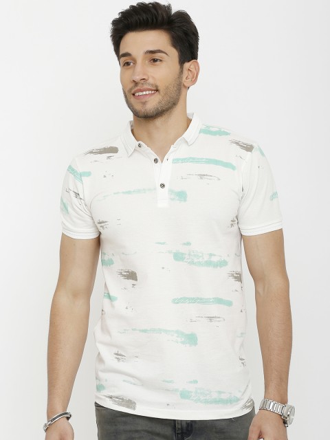 

Rex Straut Jeans Men White & Green Printed Polo Collar T-shirt