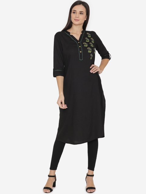 

Laabha Women Black & Green Embroidered Straight Kurta