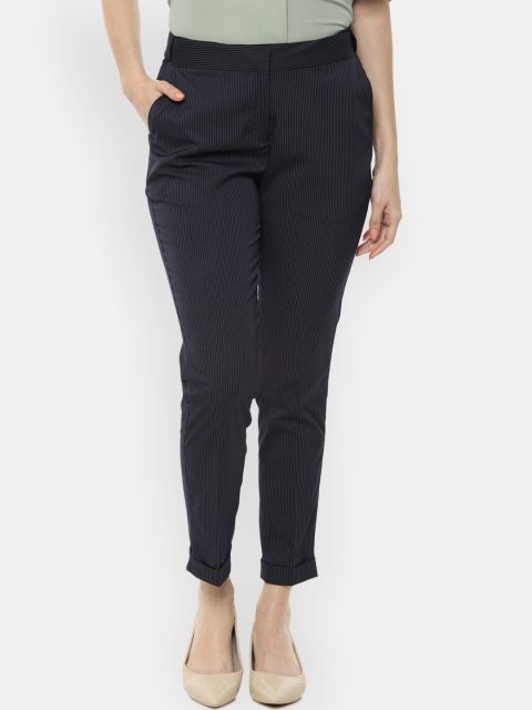 

Van Heusen Woman Navy Blue Regular Fit Striped Cropped Formal Trousers