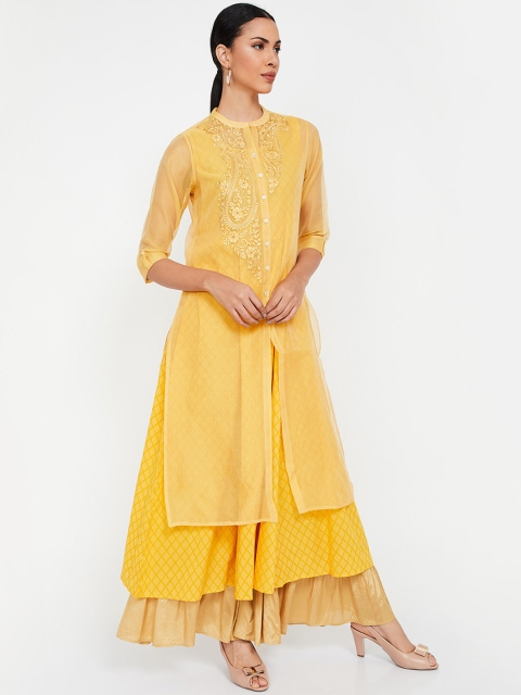 

Melange by Lifestyle Women Mustard Yellow Embroidered Straight Kurta
