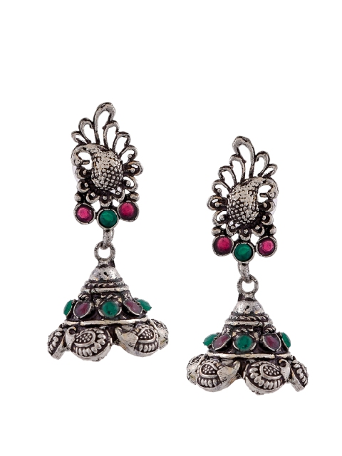 

Silvermerc Designs Silver-Plated & Pink Temple Dome Shaped Jhumkas
