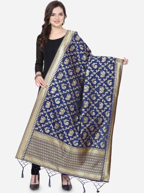 

Satrani Navy Blue & Gold-Toned Woven Design Banarasi Dupatta