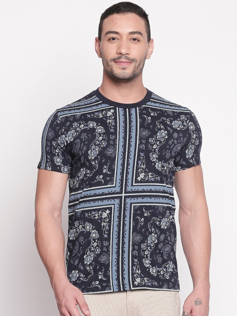 

Mufti Men Navy Blue Off-White Printed Round Neck Slim Fit Pure Cotton T-shirt