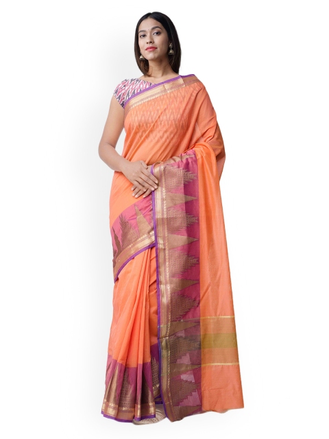 

Unnati Silks Orange & Pink Silk Cotton Solid Saree