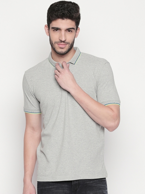 

Mufti Men Grey Melange Striped Polo Collar T-shirt