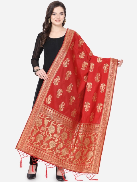 

Satrani Red & Gold-Toned Woven Design Banarasi Dupatta