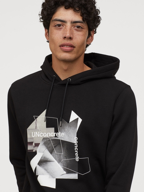 

H&M Men Black & Grey Printed Hooded Top