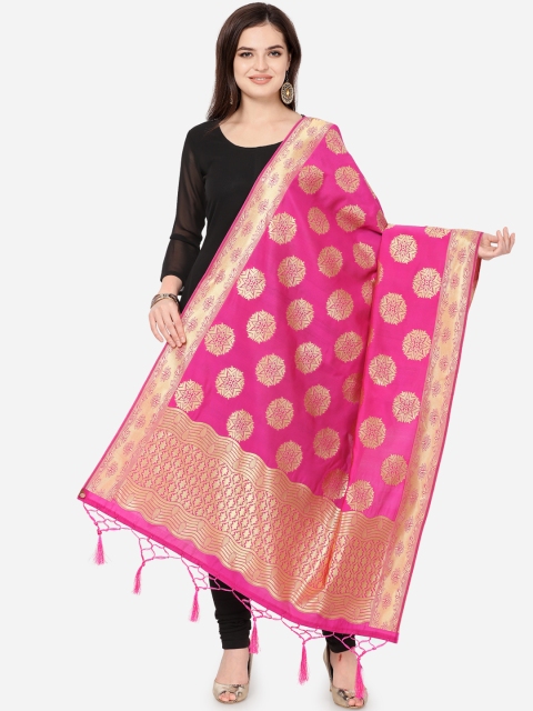 

Satrani Pink & Gold-Toned Woven Design Banarasi Dupatta