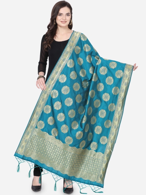 

Satrani Turquoise Blue & Gold-Toned Woven Design Banarasi Dupatta
