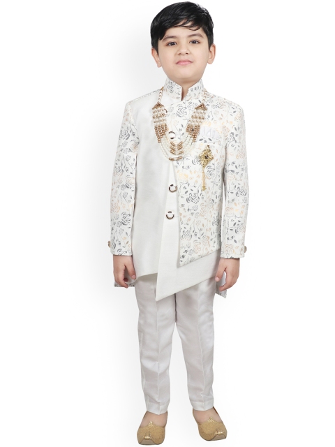 

SG YUVRAJ Boys White Printed Silk Sherwani Set