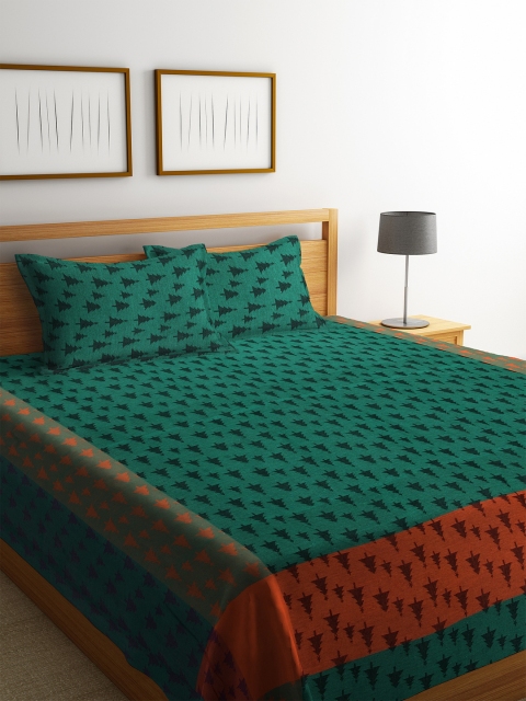 

KLOTTHE Green & Orange Jacquard Woven Design Double King Bed Cover