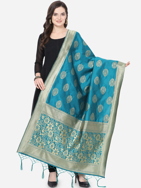 

Satrani Turquoise Blue & Gold-Toned Woven Design Banarasi Dupatta