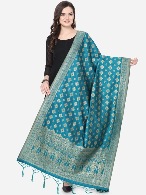 

Satrani Turquoise Blue & Gold-Toned Woven Design Banarasi Dupatta