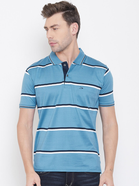 

Duke Men Blue Striped Polo Collar T-shirt