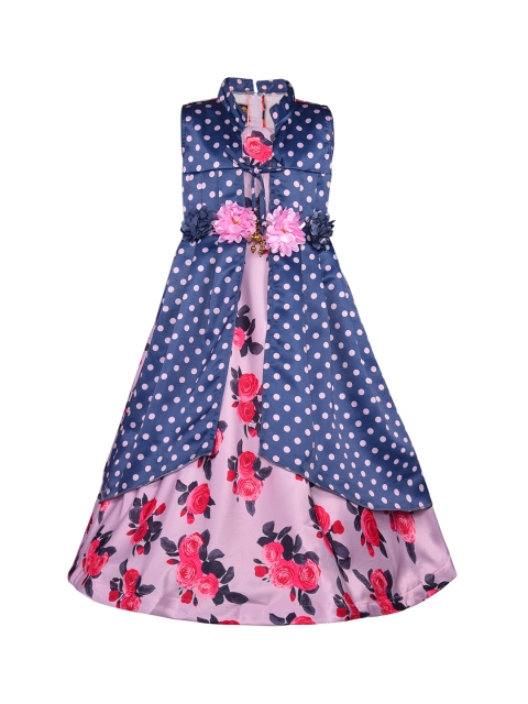 

Wish Karo Girls Pink Printed Maxi Dress with a Navy Blue Printed Shrug