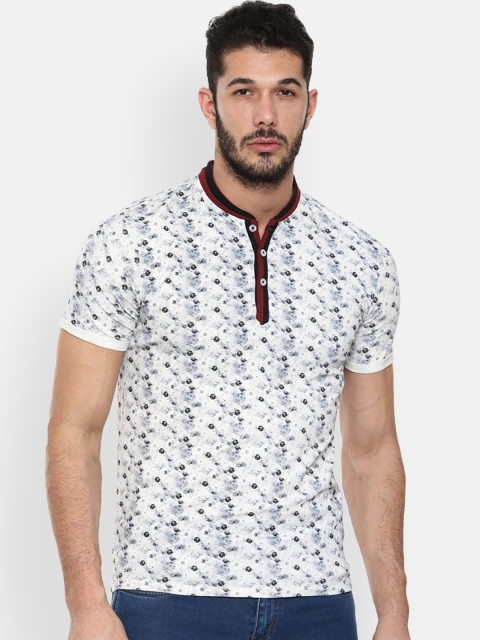 

V Dot Men White Printed Slim Fit Mandarin Collar Pure Cotton T-shirt