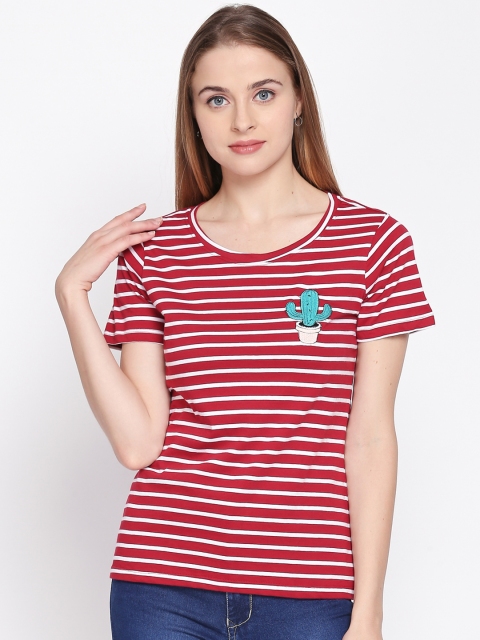 

Honey by Pantaloons Women White Red Striped Round Neck Pure Cotton T-shirt