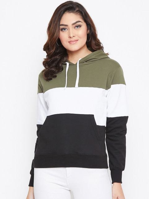 

The Dry State Women Black & Olive Green Colourblocked Hooded Sweatshirt