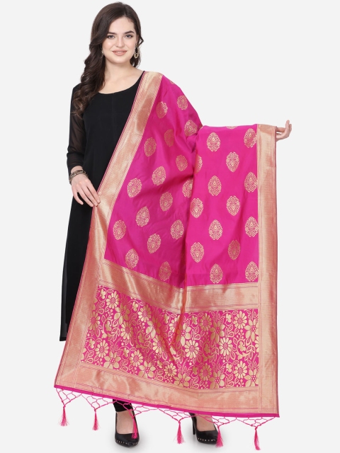 

Satrani Pink & Gold-Toned Woven Design Banarasi Dupatta