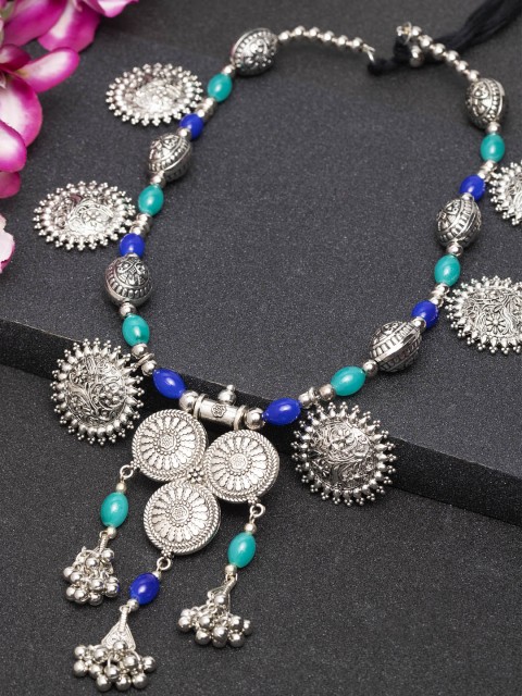 

Moedbuille Blue Silver-Toned Handcrafted Oxidised Necklace