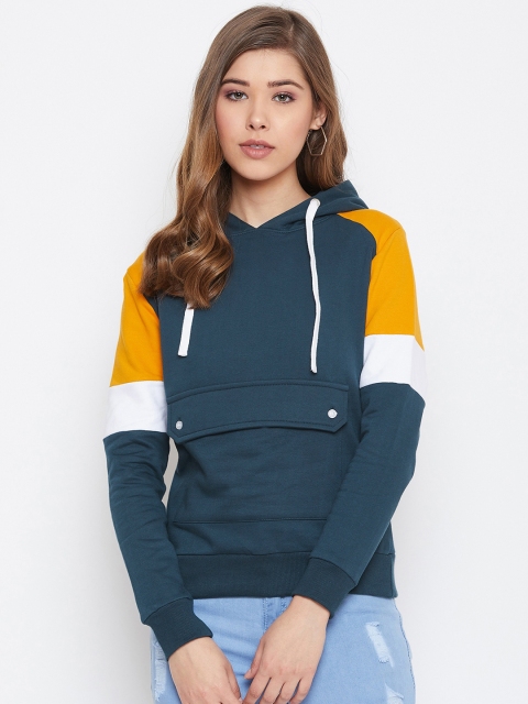 

The Dry State Women Teal Green & Mustard Yellow Colourblocked Hooded Sweatshirt