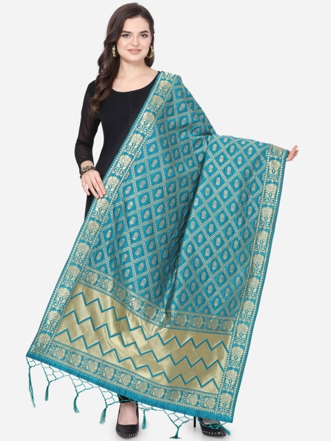 

Satrani Turquoise Blue & Gold-Toned Woven Design Banarasi Dupatta