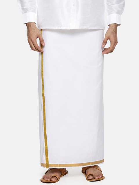 

RAMRAJ COTTON Men White & Gold-Coloured Solid Dhoti