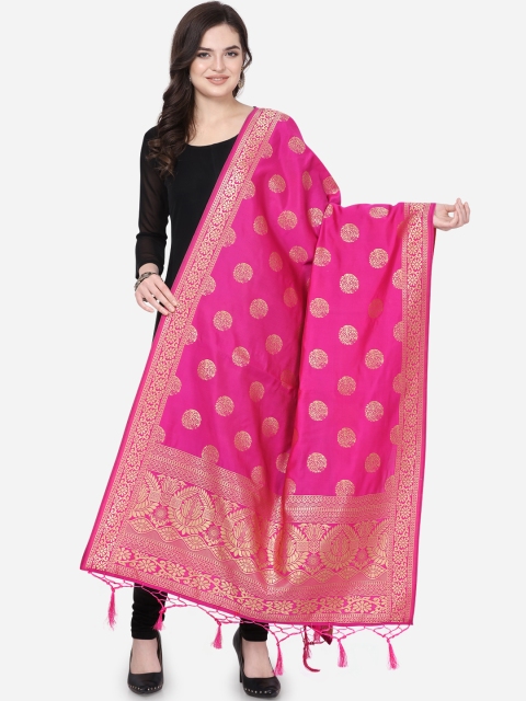 

Satrani Pink & Gold-Toned Woven Design Banarasi Dupatta