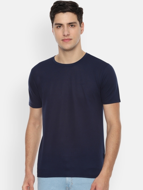 

V Dot Men Navy Blue Solid Slim Fit Round Neck T-shirt
