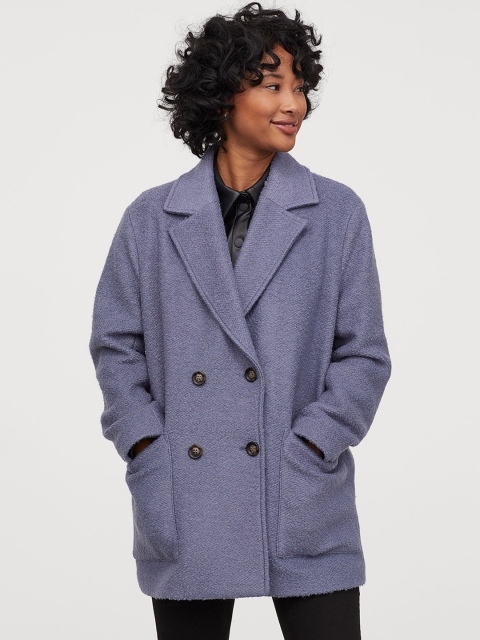 

H&M Women Blue Solid Short Boucl Coat