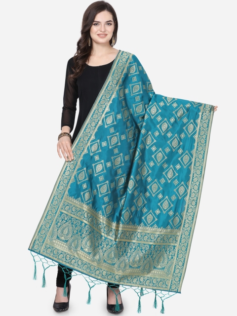 

Satrani Turquoise Blue & Gold-Toned Woven Design Banarasi Dupatta