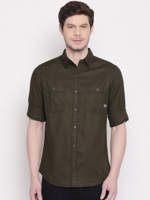 

Mufti Men Olive Green Slim Fit Solid Casual Shirt