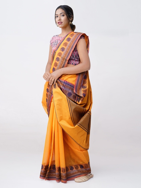 

Unnati Silks Mustard Yellow Silk Cotton Solid Chettinad Saree