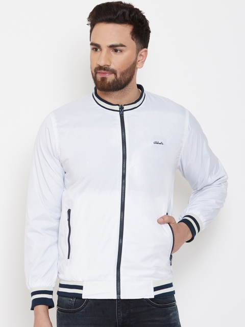 

Adobe Men White & Navy Blue Solid Bomber