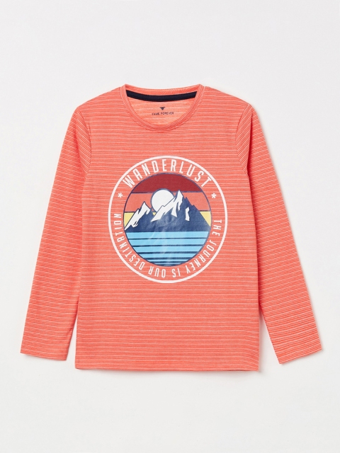 

Fame Forever by Lifestyle Boys Peach-Coloured & Blue Striped Round Neck T-shirt