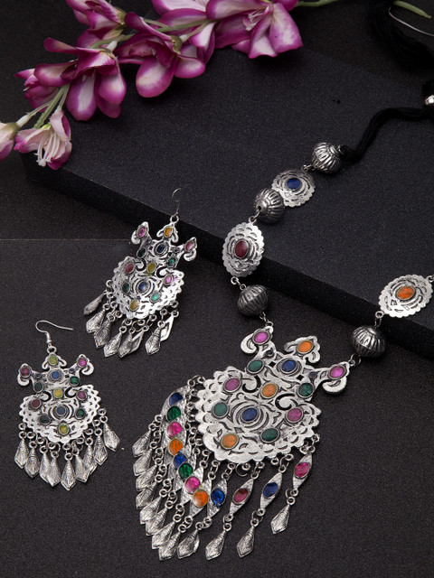 

Moedbuille Women Silver-Toned Handcrafted Afghan Tribal Multi Enamelled Brass Plated Oxidised Floral Jewelry Set