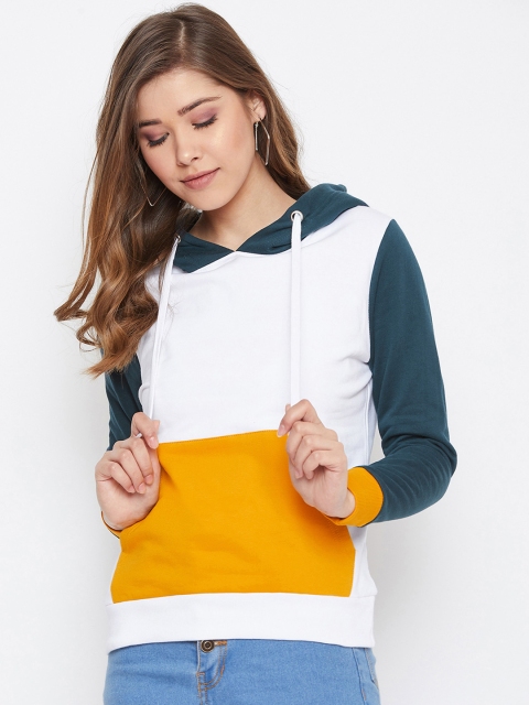 

The Dry State Women White & Mustard Yellow Colourblocked Hooded Sweatshirt