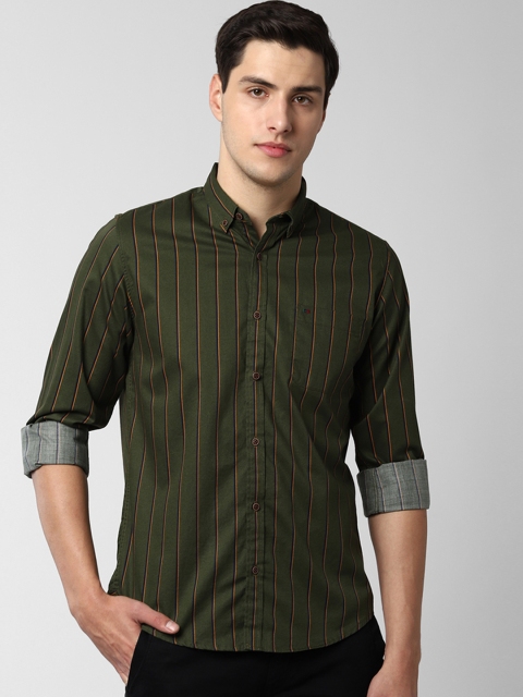 

Peter England Casuals Men Olive Green Slim Fit Striped Casual Shirt
