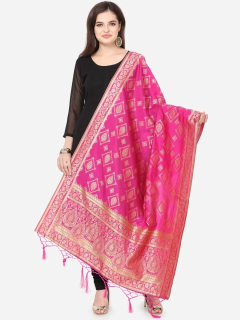 

Satrani Pink & Gold-Toned Woven Design Banarasi Dupatta