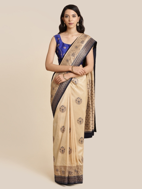 

Koskii Gold-Toned & Navy Blue Brocade Printed Saree