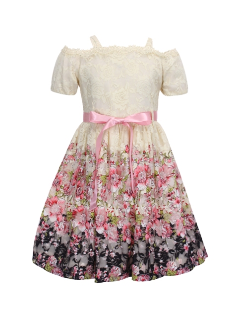 

CUTECUMBER Girls Cream-Coloured & Pink Lace Floral Printed Fit & Flare Dress