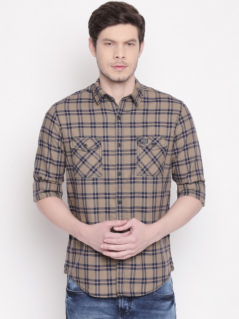 

Mufti Men Beige & Navy Blue Slim Fit Checked Casual Shirt