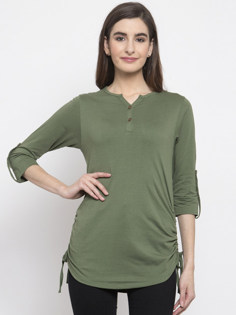 

Kalt Women Olive Green Solid Henley Neck Longline T-shirt