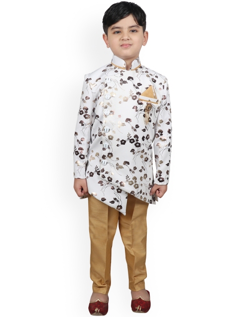 

SG YUVRAJ Boys White & Brown Silk Printed Sherwani Set